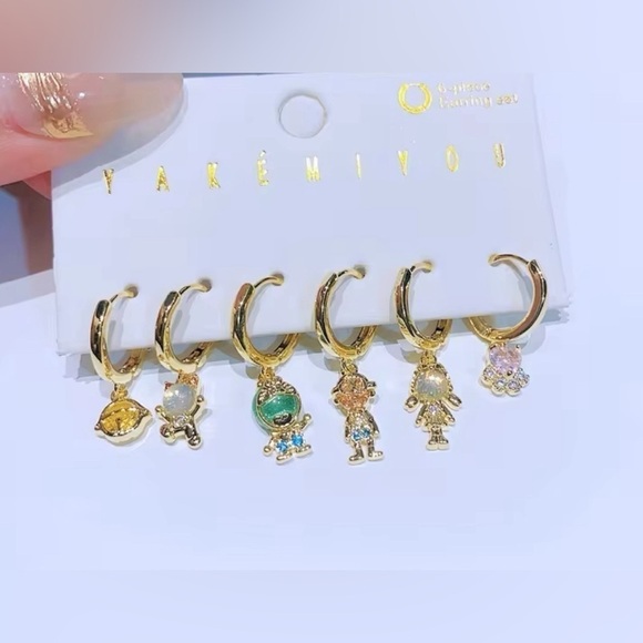 14K Gold Plated Doraemon Theme Earrings Huggie Hoop Dangle Mismatched Set - Picture 2 of 4